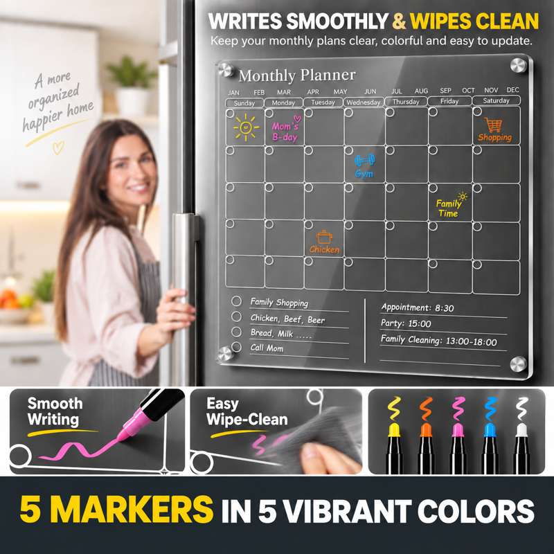 Magnetic Acrylic Calendar for Refrigerator - Family Organizer & Dry Erase Board
