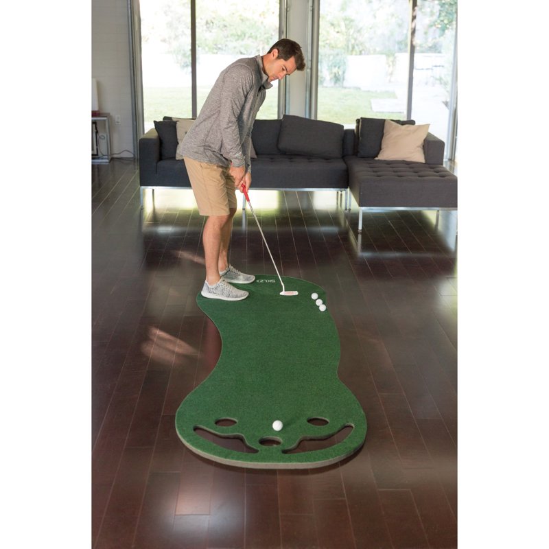 Indoor Putting Green Mat - 3x9 Ft Golf Practice Surface with 3 Holes & Bunkers