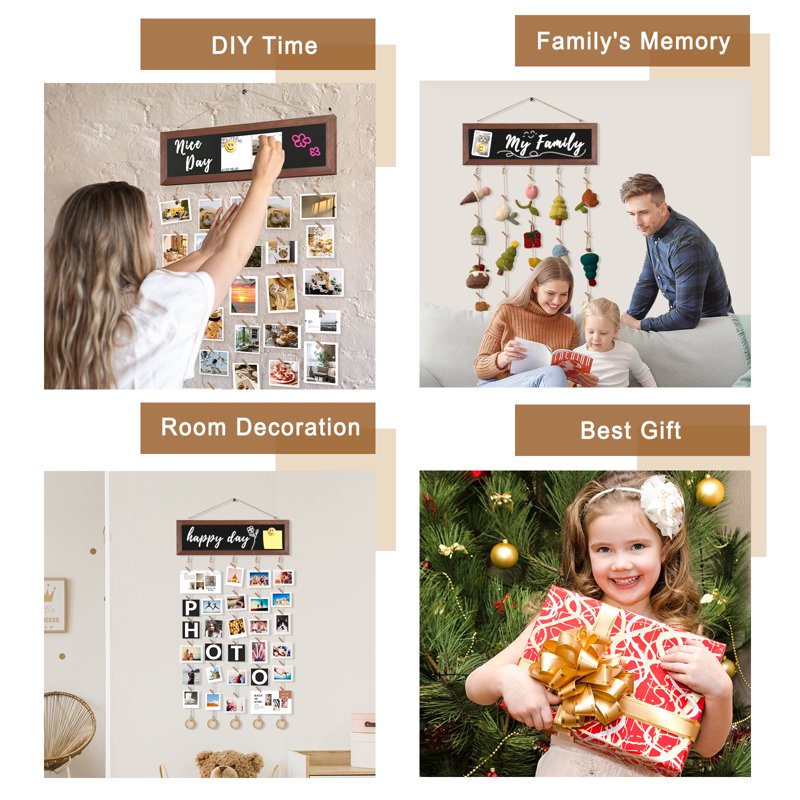 Rustic Black Hanging Photo Display with Chalkboard and Clips Wall Decor