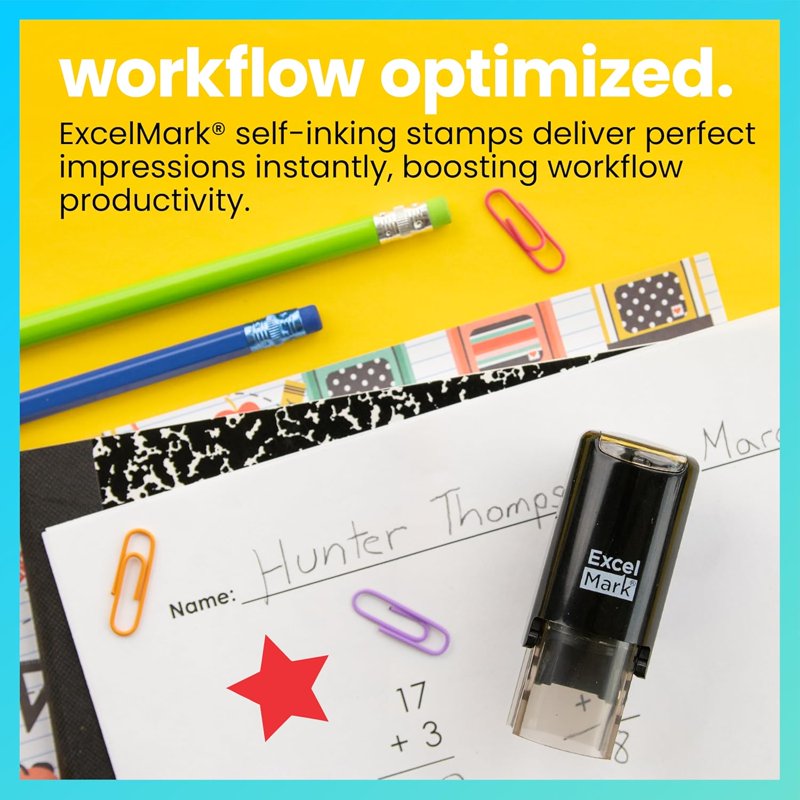 Round Teacher Stamp - Solid Star with Red Ink, Self-Inking Rubber Stamper