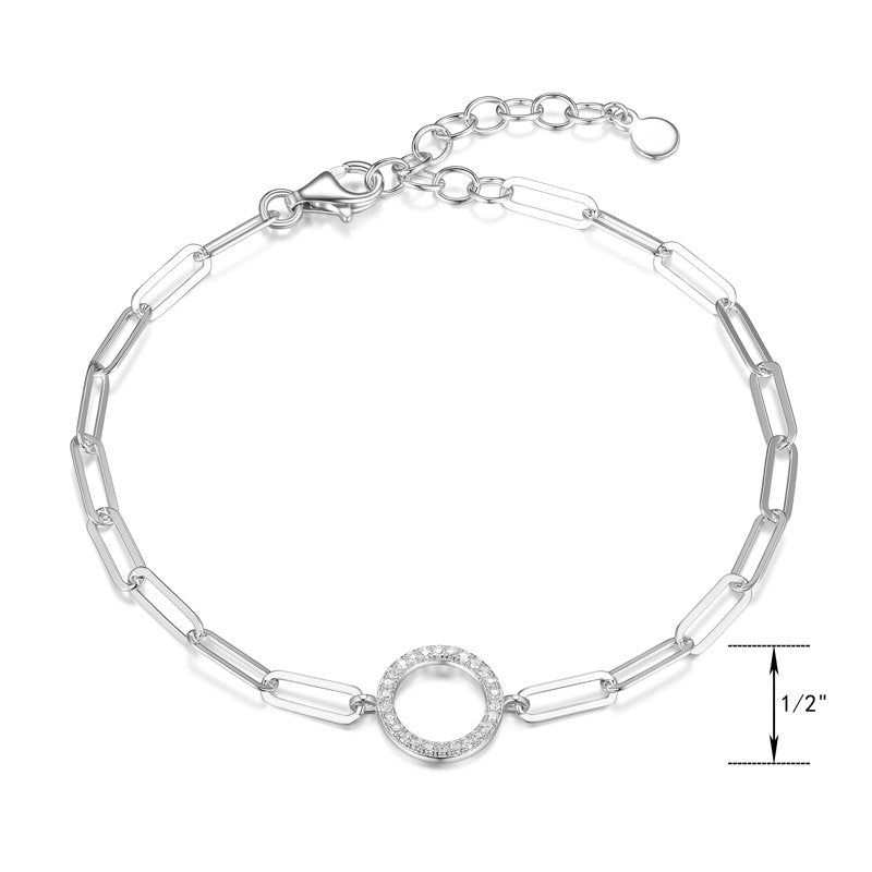 Sterling Silver CZ Circle Paperclip Bracelet - Adjustable 6.75" + 1.25" Extender
