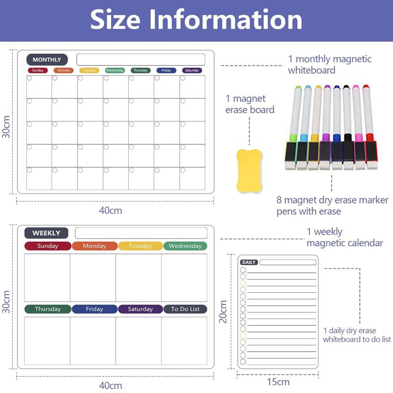 Magnetic Dry Erase Calendar Set for Refrigerator & Wall - Monthly Weekly Daily Planner