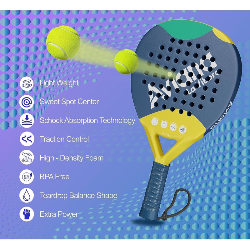 Padel Racket Carbon Fiber Surface EVA Memory Foam Core Beginners & Pros