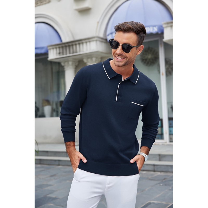 Men's Knit Polo Shirt Long Sleeve Casual Business Sweater with Pocket