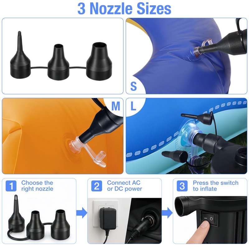 Electric Air Pump for Inflatables, Portable Inflator & Deflator with 3 Nozzles