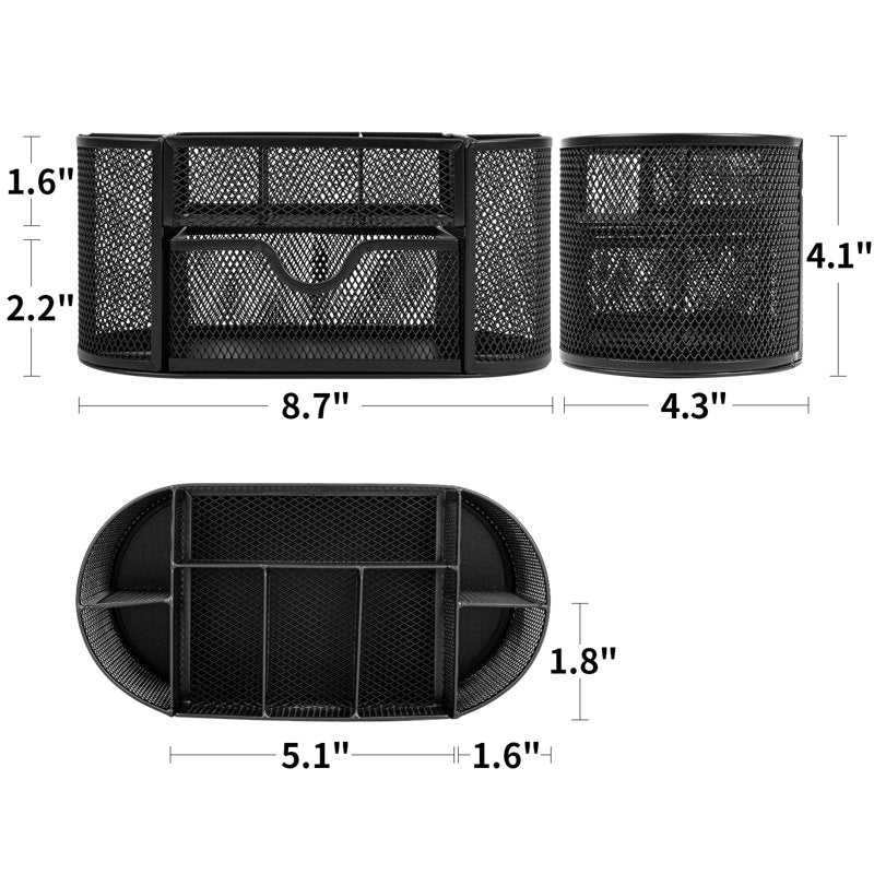 Mesh Desk Organizer with Drawer - 8 Compartments, Black Office Storage