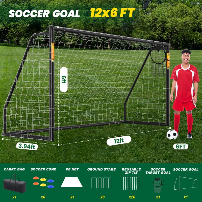 SLSY 12x6ft Black Foldable PVC Soccer Goal for Backyard Training