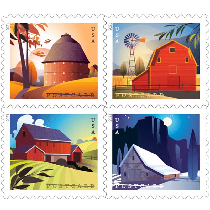 USPS Postcard Stamp Sheet of 20 - American Barns Seasonal Designs