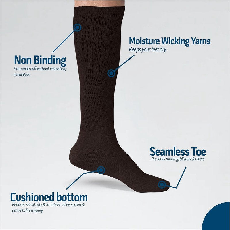 Diabetic Over The Calf Compression Socks - Non-Binding Cushioned Cotton Knee High for Men