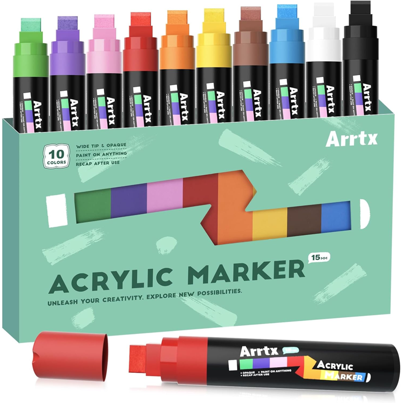 Arrtx Jumbo 15mm Acrylic Marker Set, 10 Pack - Basic Color Variation