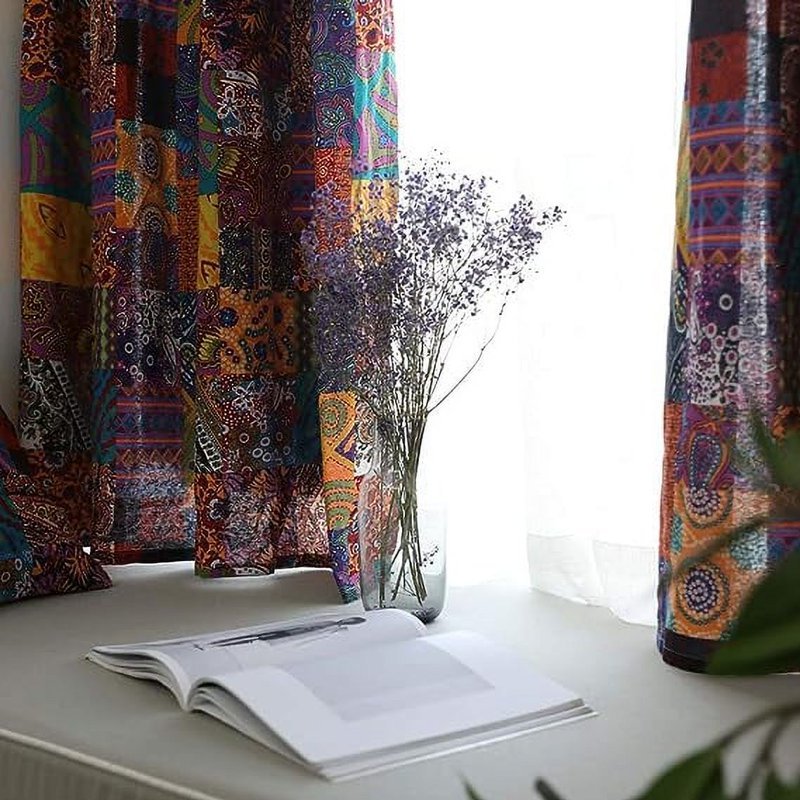 Boho Patchwork Cotton Linen Window Curtain Panel 55x63 Room Darkening