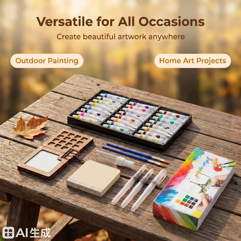 Mini Travel Watercolor Paint Set with Brushes Sketchbook & Copper Clip