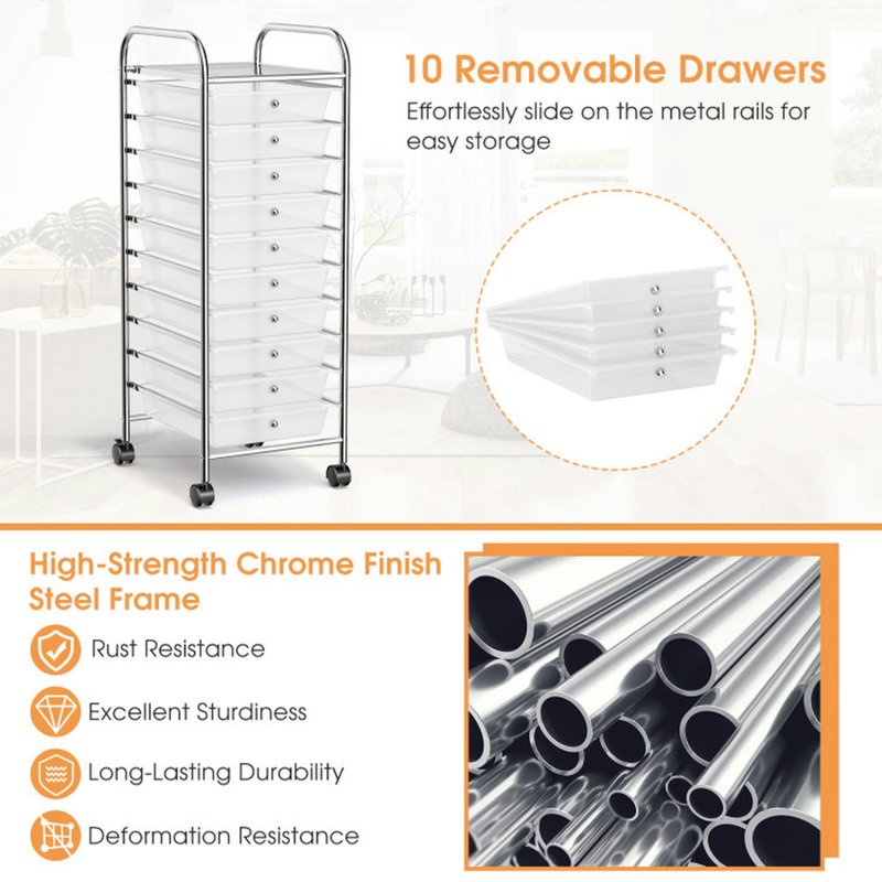 10-Drawer Rolling Storage Cart with Lockable Casters - Home Office & Craft Organizer