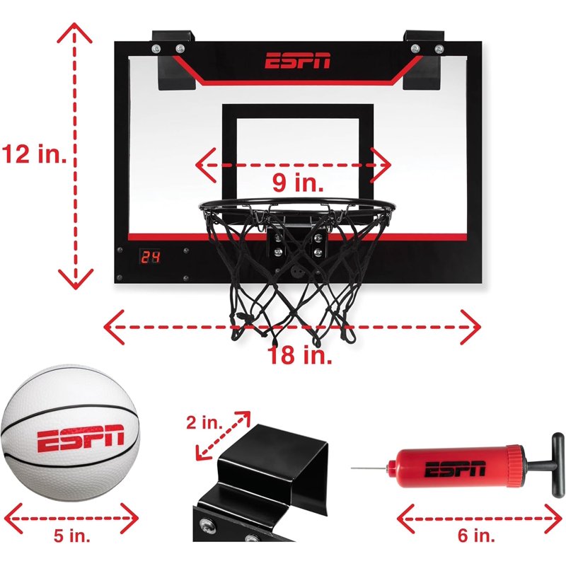 ESPN Mini Basketball Hoop with Electronic Scoring - Over Door, Includes Balls & Pump