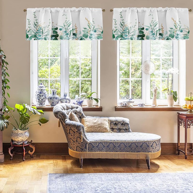 2 Pack Window Valances with Eucalyptus Leaf Pattern - Adjustable Cotton Curtains for Living Room & Kitchen, 18x52 Inch