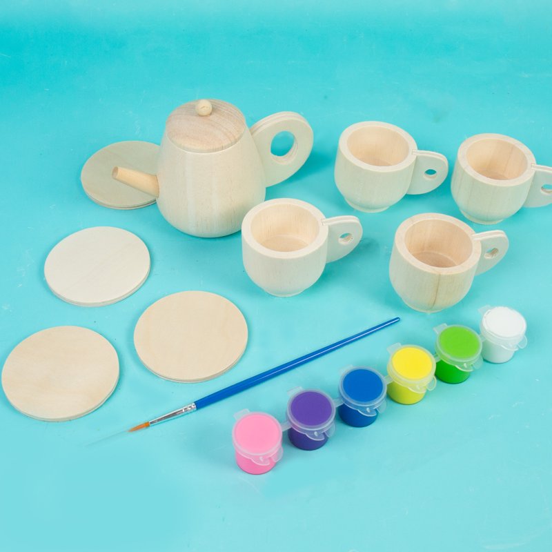 Kids Wooden Tea Set for Painting and Pretend Play - Includes Paint & Brush