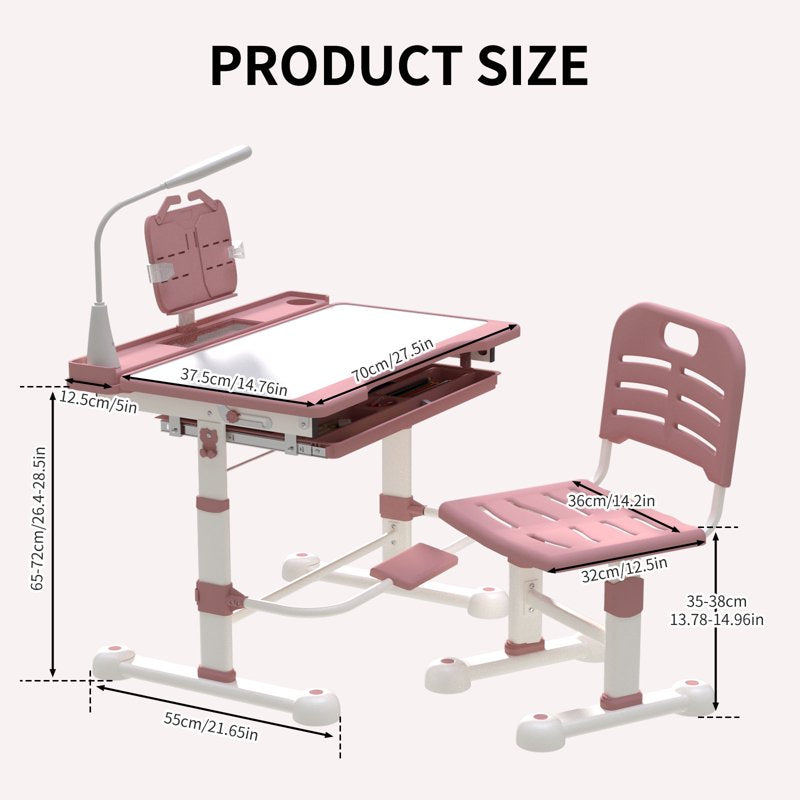 Kids Adjustable Study Desk & Chair Set with LED Light, Tilt Top, Storage Drawer