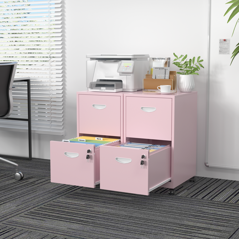 Mobile 2-Drawer File Cabinet on Wheels - Pink Metal Office Storage Organizer