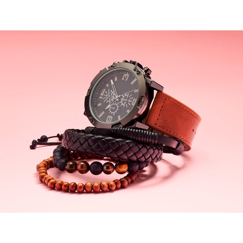 Men's Matte Black Watch Gift Set with Leather & Beaded Bracelets