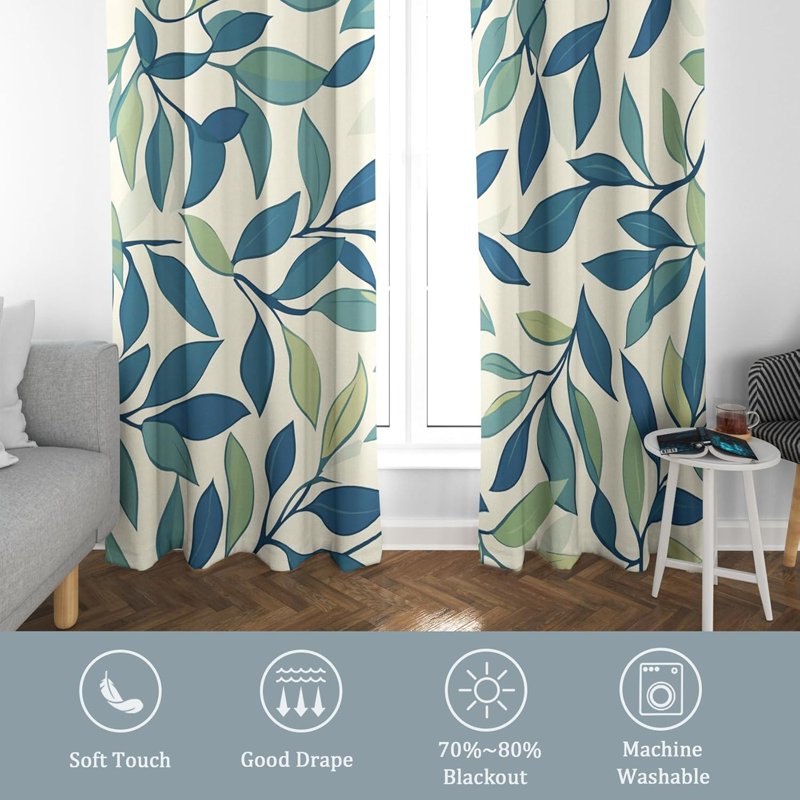 Green Leaf Curtain Set for Bedroom & Living Room – 2 Panels, Blackout Option, Multiple Sizes