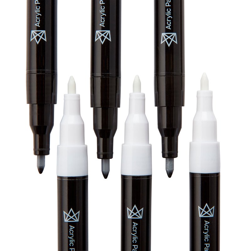 Extra Fine Point Acrylic Paint Markers Set of 6 – Black & White Art Pens for Surfaces
