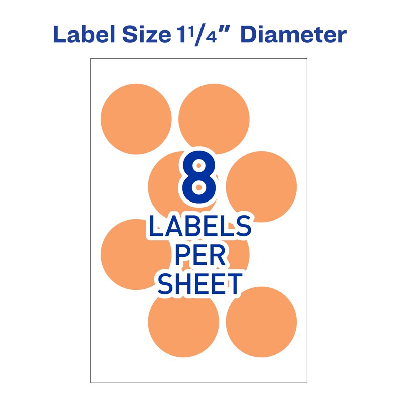 Neon Orange Removable Labels - 1-1/4 inch Diameter, 400 Pack for Organization