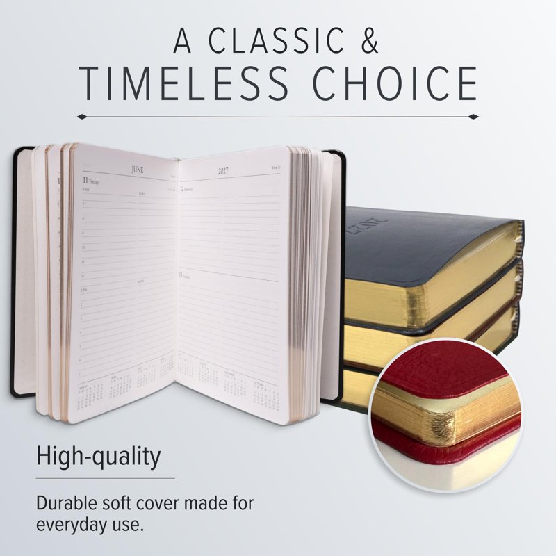 Leather Daily Planner 2027 - 12-Month Organizer & Notebook with Gold Edges