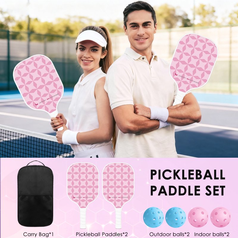 Variation of THIS listing: Adult Yuzhilink 2x Fiberglass Pickleball Paddles Set with Balls, Grips & Carry Bag - Pink