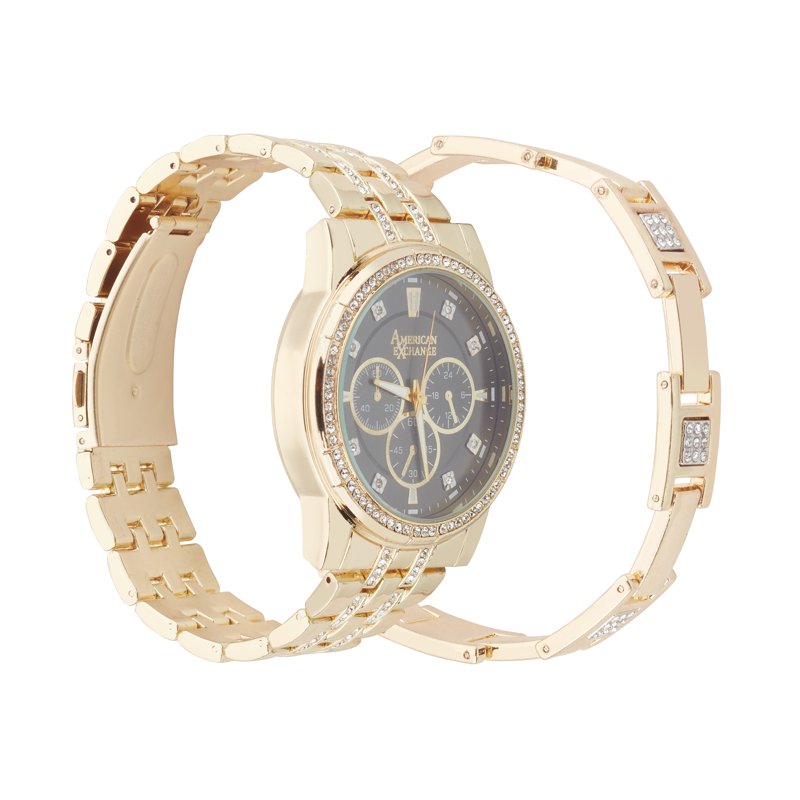 Men's Gold Metal Bracelet Watch & Jewelry Set - Chronograph & Link Strap
