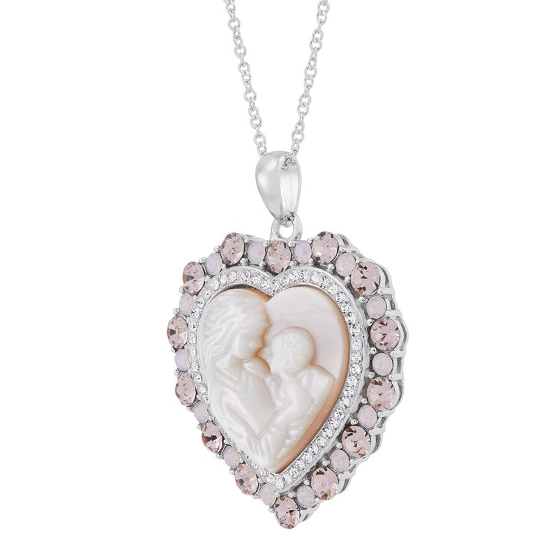 Sterling Silver Heart Pendant with Mother of Pearl & Crystals – Mom Gift Necklace 18"