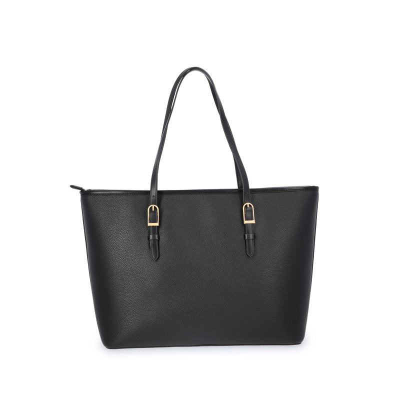 Women's Faux Leather Tote Bag with Detachable Pouch - Black