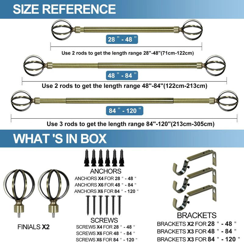 Heavy Duty Steel Cage Curtain Rod with Decorative Finials - 84-120 Inch