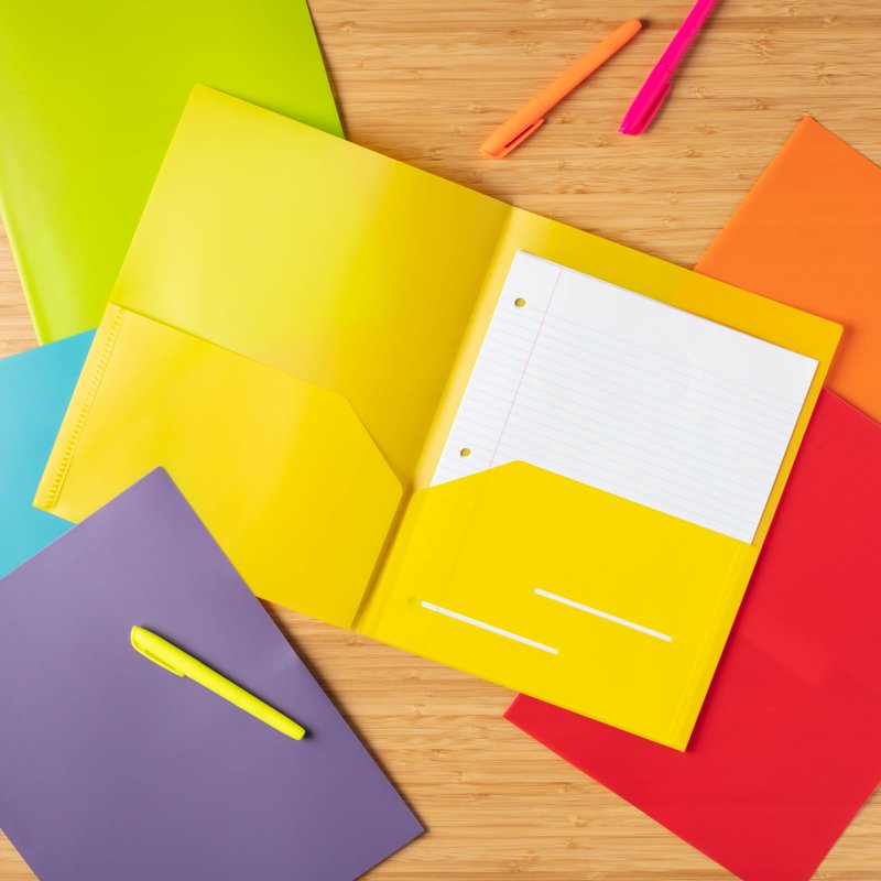 Heavy Duty Plastic Pocket Folders - 6 Pack Rainbow Colors, Reinforced Edges