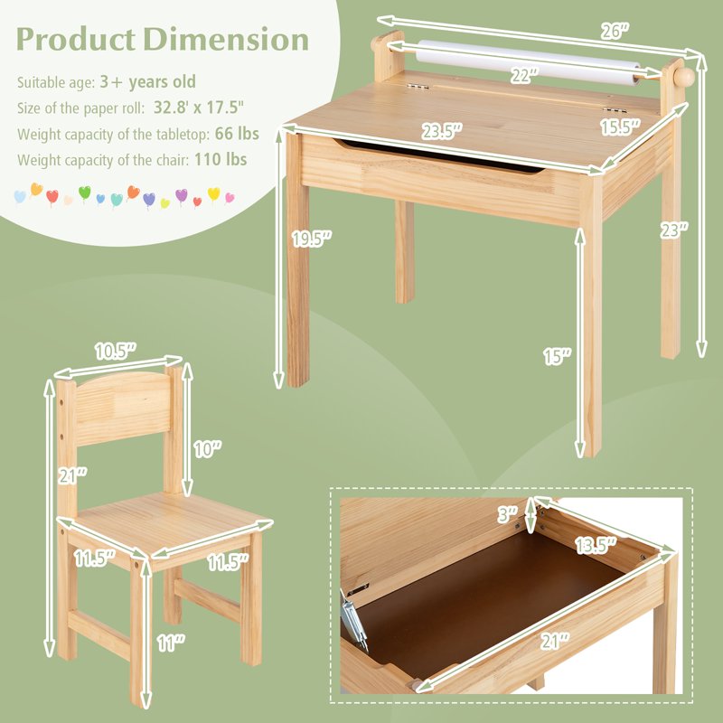 Kids Activity Table with Chair, Paper Roll Holder & Storage - Toddler Furniture