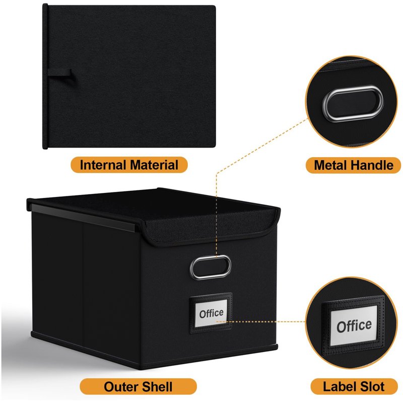 Foldable File Storage Box with Lid - Office & Home Organizer, Black