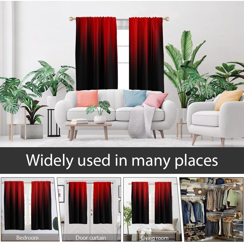 Blackout Window Curtain Set - Red and Black Gradient Gothic Modern Drapes for Living Room & Bedroom, 42x63 Inches, Thermal Insulated, 1 Pair