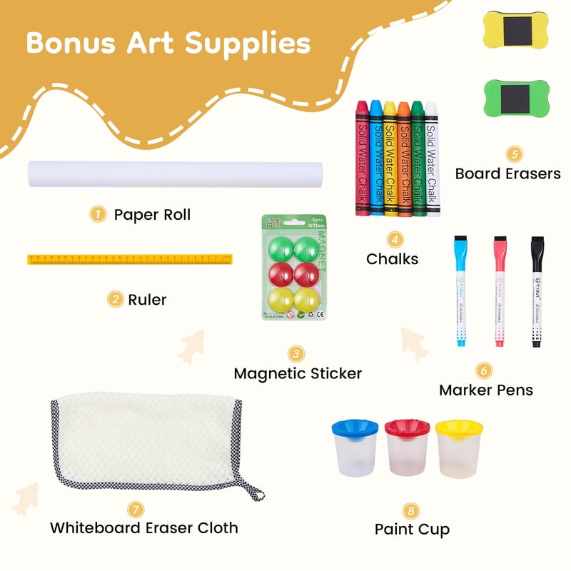Kids Art Easel with Magnetic Boards & Paper Roll - Adjustable Wooden Toddler Drawing Gift