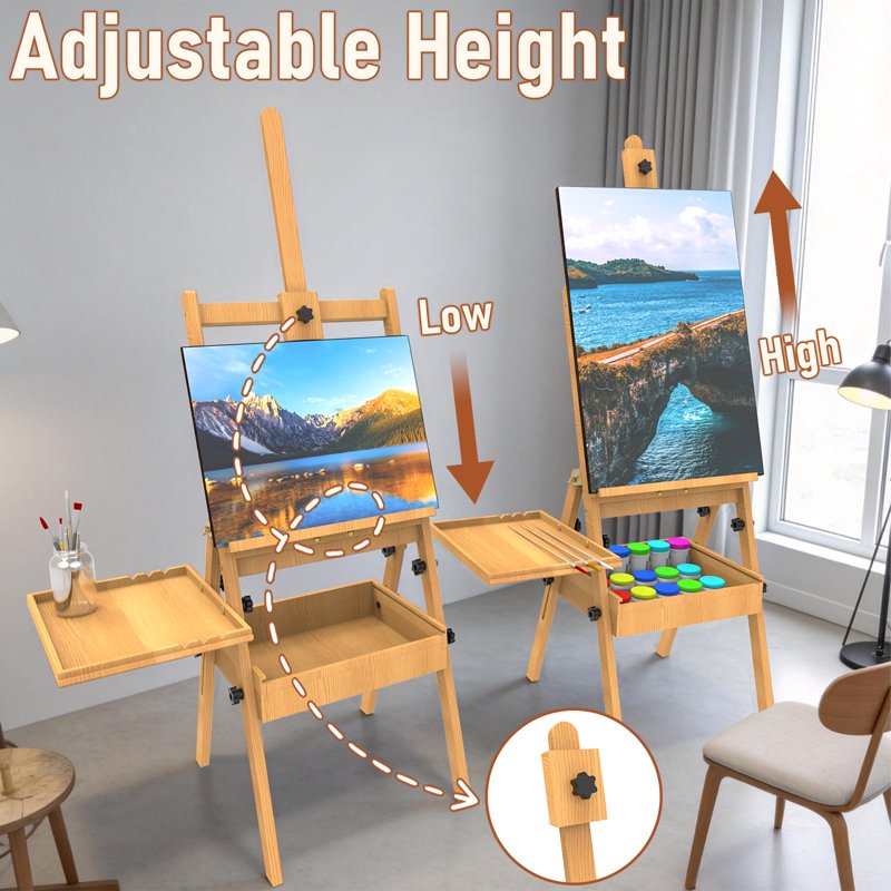 Wooden Art Easel for Painting with Adjustable Height and Storage Drawer - Natural Style