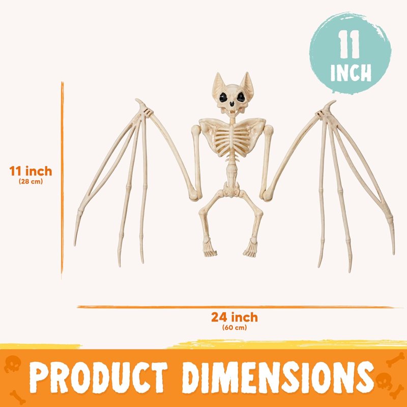 Joyfy 11in Bat Skeleton Halloween Decoration - Posable Plastic Animal for Indoor & Outdoor