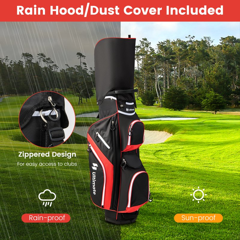 Costway Red 14-Way Top Golf Cart Bag with 9 Pockets & Rain Hood - Lightweight