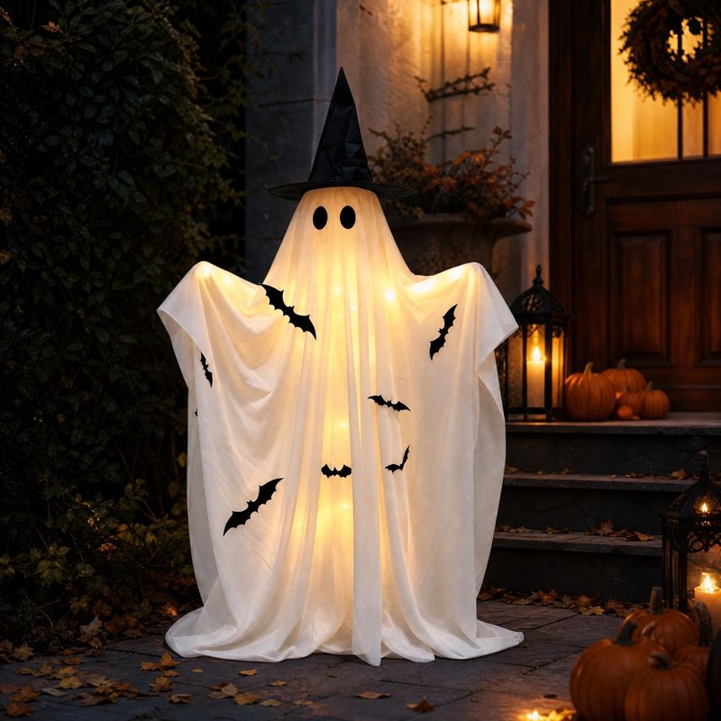 50-Inch Spooky Ghost Halloween Yard Decoration with Detachable Witch Hat, LED Lights, Remote & Easy Setup