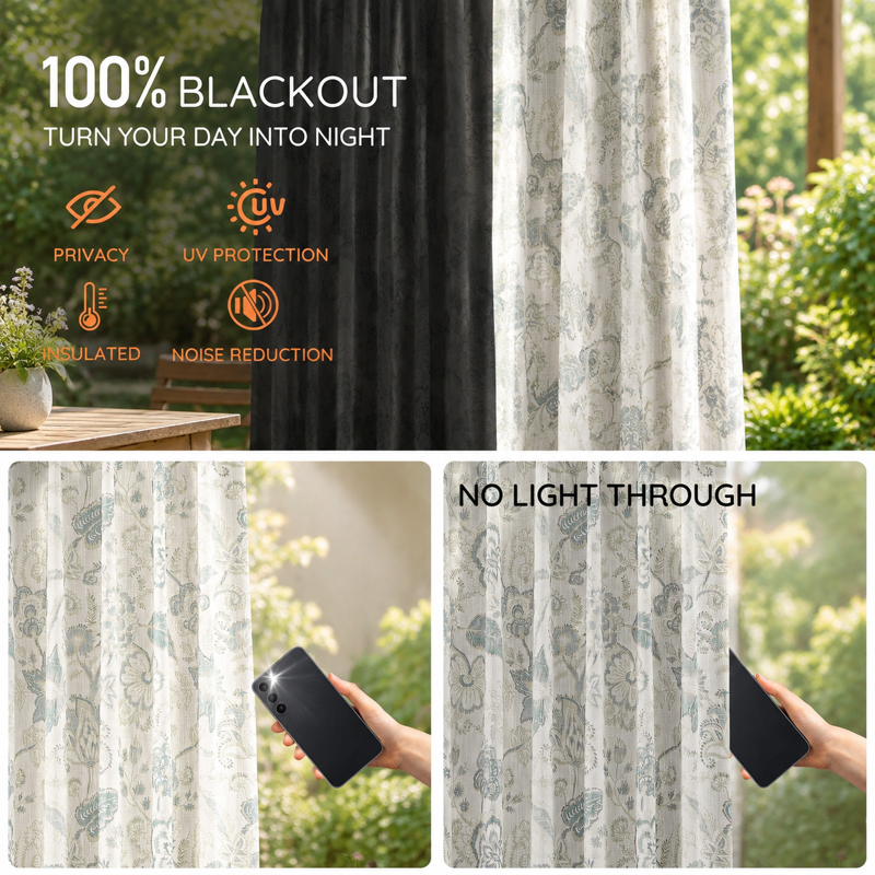 Blackout Jacobean Floral Pleated Curtains 84 Inch Long Set of 2