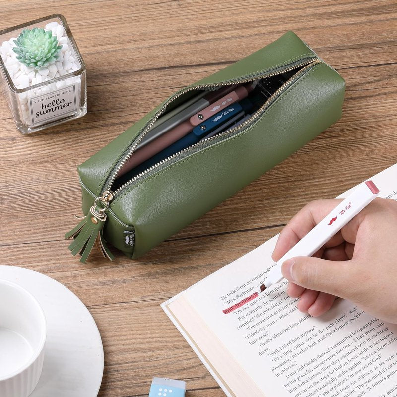 PU Leather Pencil Case with Zipper & Tassel - Small, Stylish Organizer for Pens & Accessories