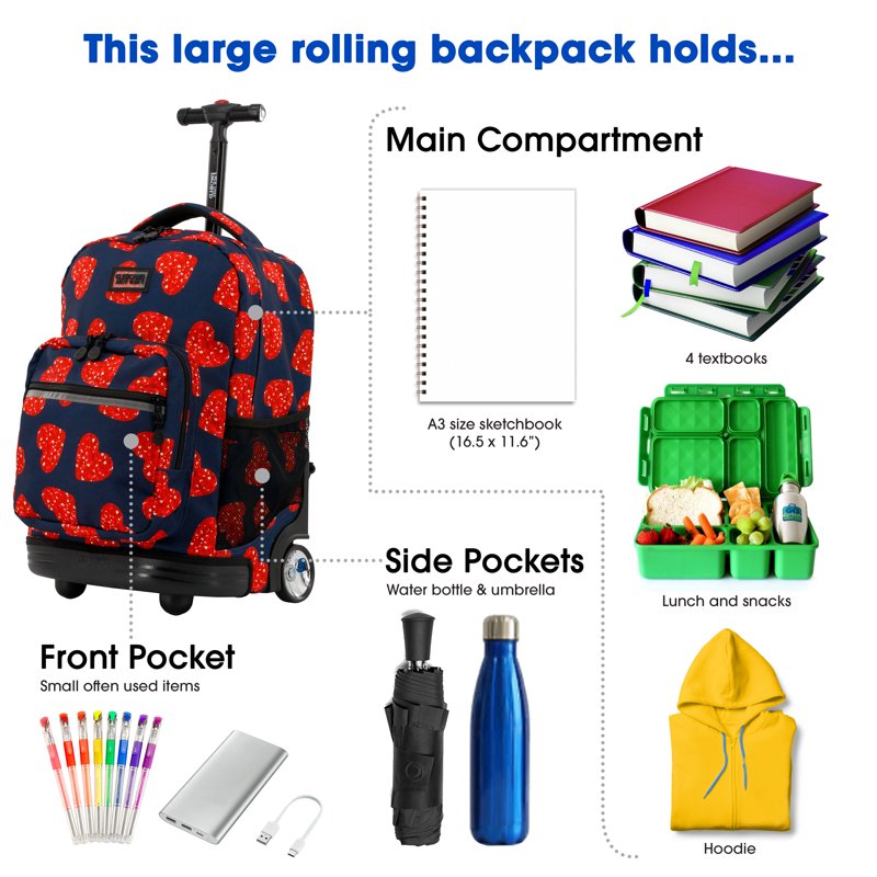 Women's 18-Inch Rolling Backpack for School & Travel - Durable & Spacious