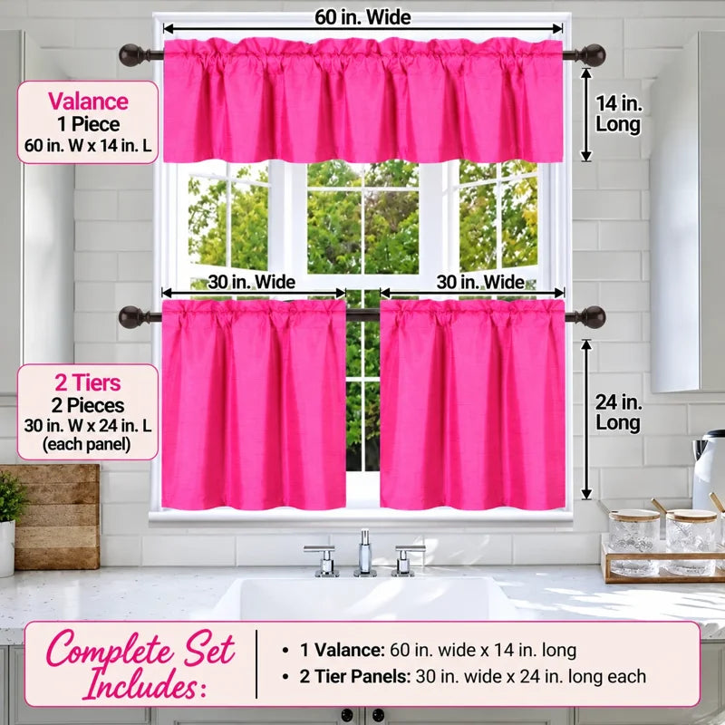 3-Piece Faux Silk Blackout Kitchen Curtain Set with Valance - Multiple Colors