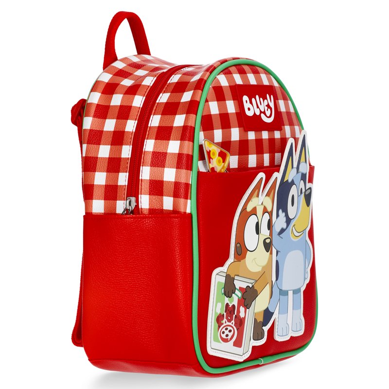 Women's Faux Leather Mini Backpack with Pizza & Character Artwork, Gingham Design