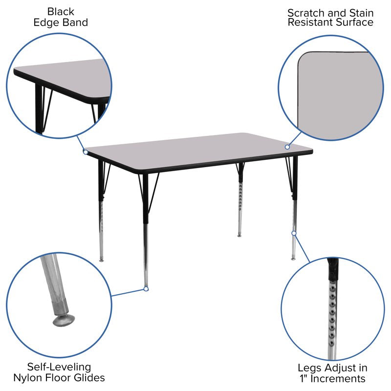 Rectangular Activity Table with Adjustable Legs - 30x48 Inches, Scratch & Warp Resistant Top