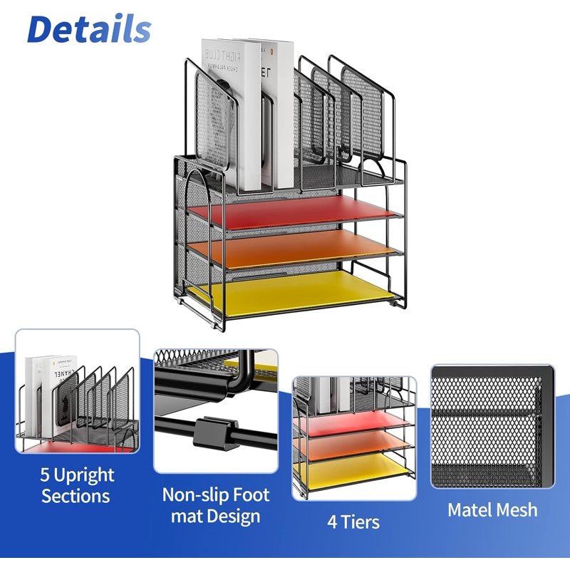 4-Tier Mesh Desk File Organizer with Vertical and Horizontal Storage
