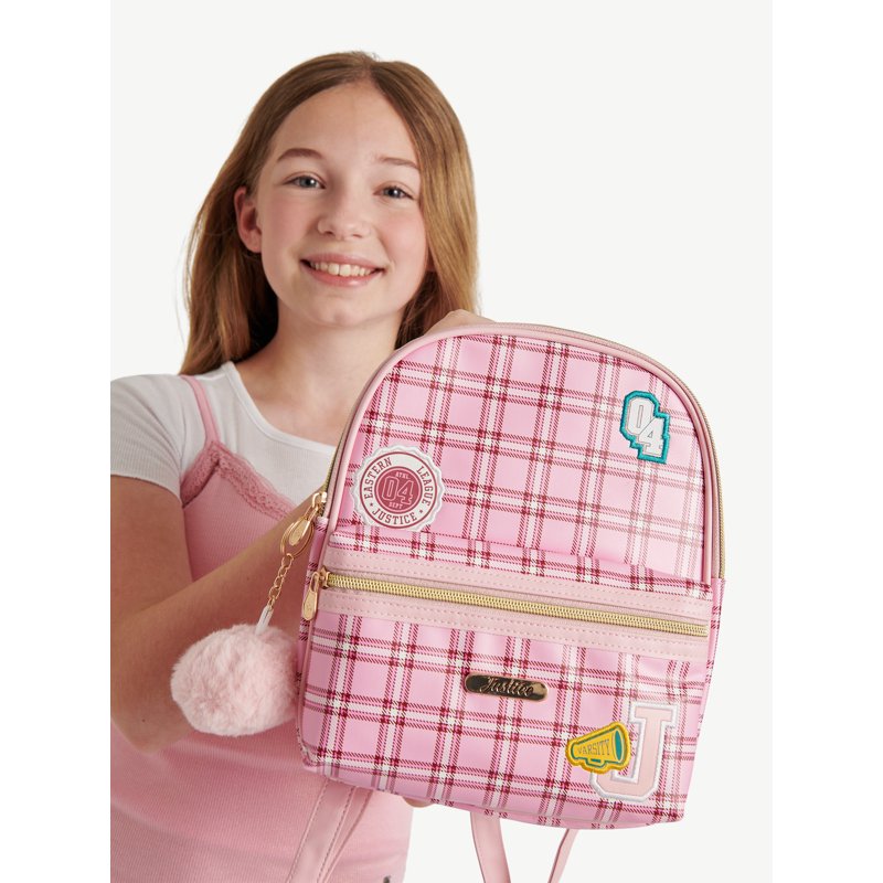 Girls Mini Backpack with Plaid Pattern and Adjustable Straps - Pink, Purple, Silver Options