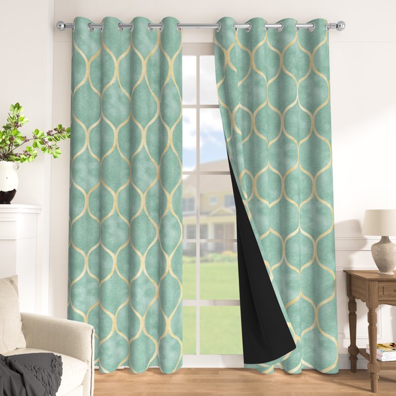 Blackout Curtains with Gold Geometric Design - Insulated Room Darkening Drapes